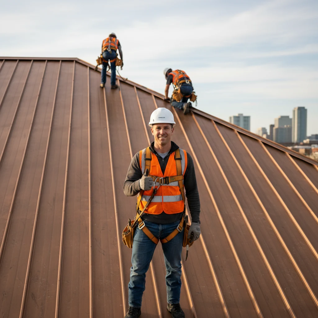 Roofer on a copper standing-seam metal roof giving a thumbs up while crew members work behind him