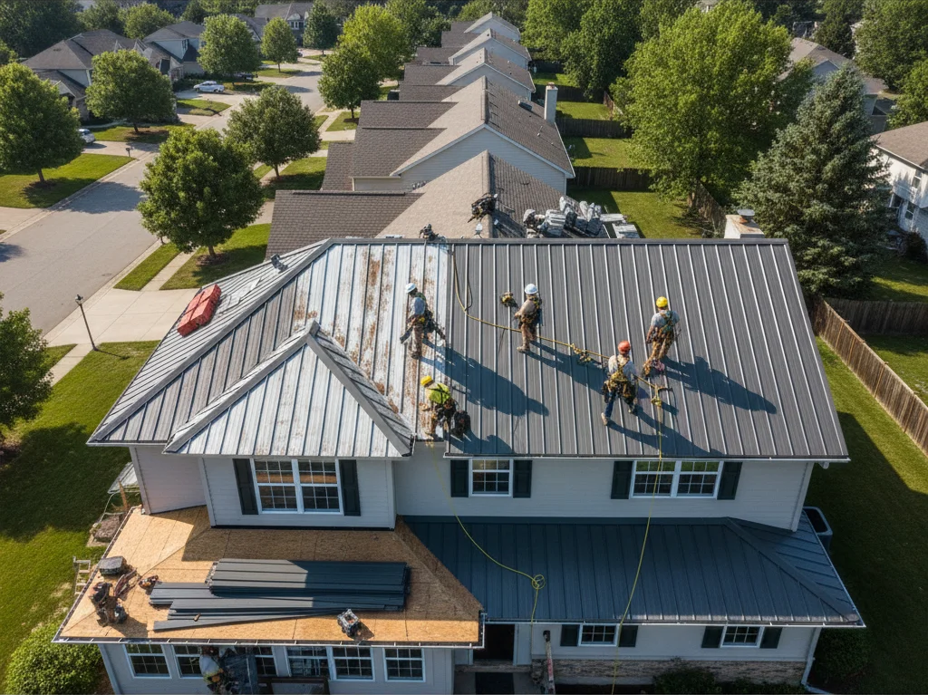 Roofers installing standing-seam metal roofing on a suburban home